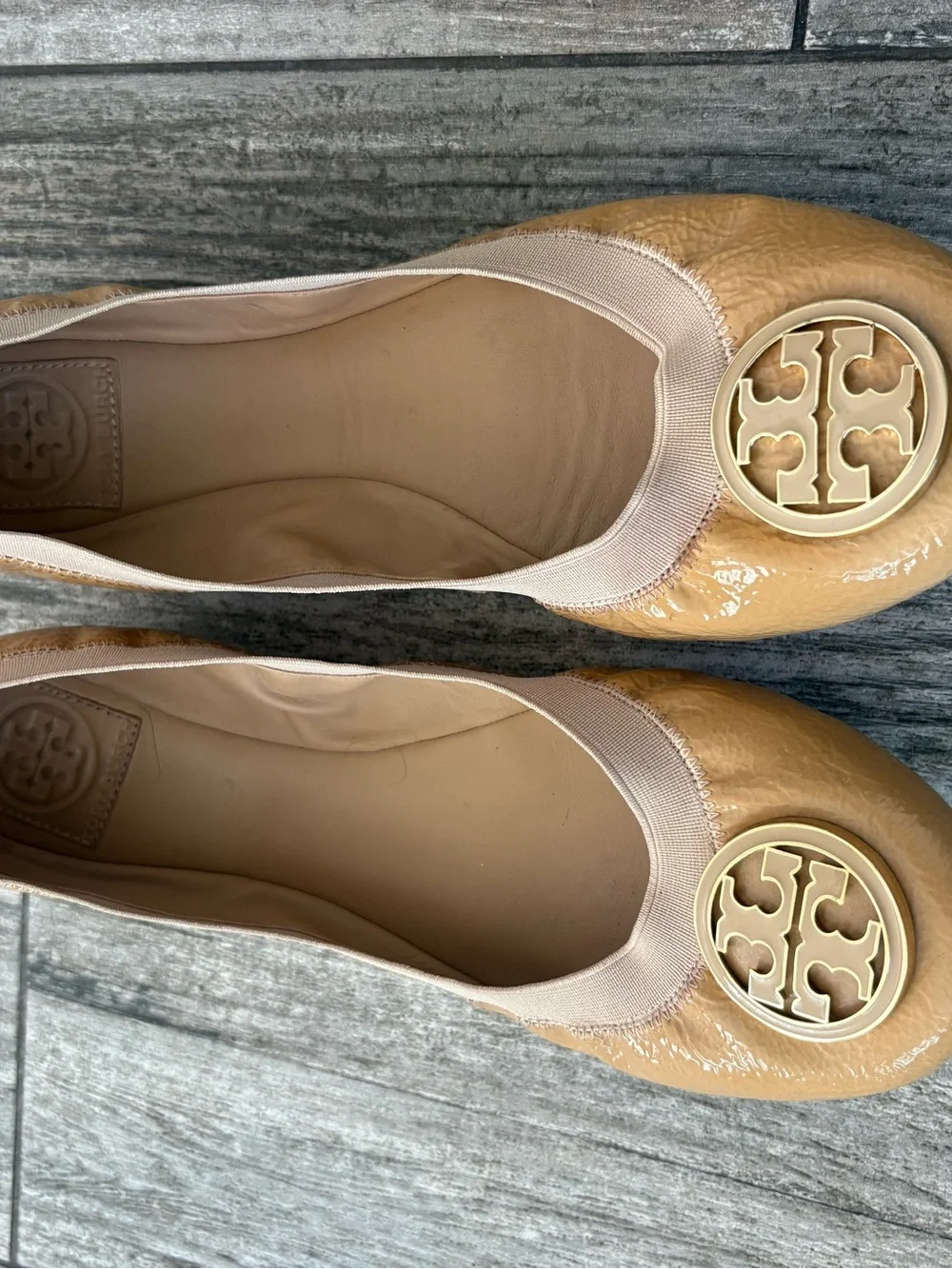 Tory Burch Tan Patent Leather Flats with Gold Logo Medallion